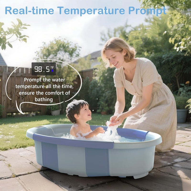 Spluvvly Collapsible Baby Bathtub - Large Baby Bath Tub with Thermometer & Cushion | Travel Portable Newborn Infant Bathtub | Foldable Toddler Bathtub for Baby 0 to 36 Months (Blue) - Image 4